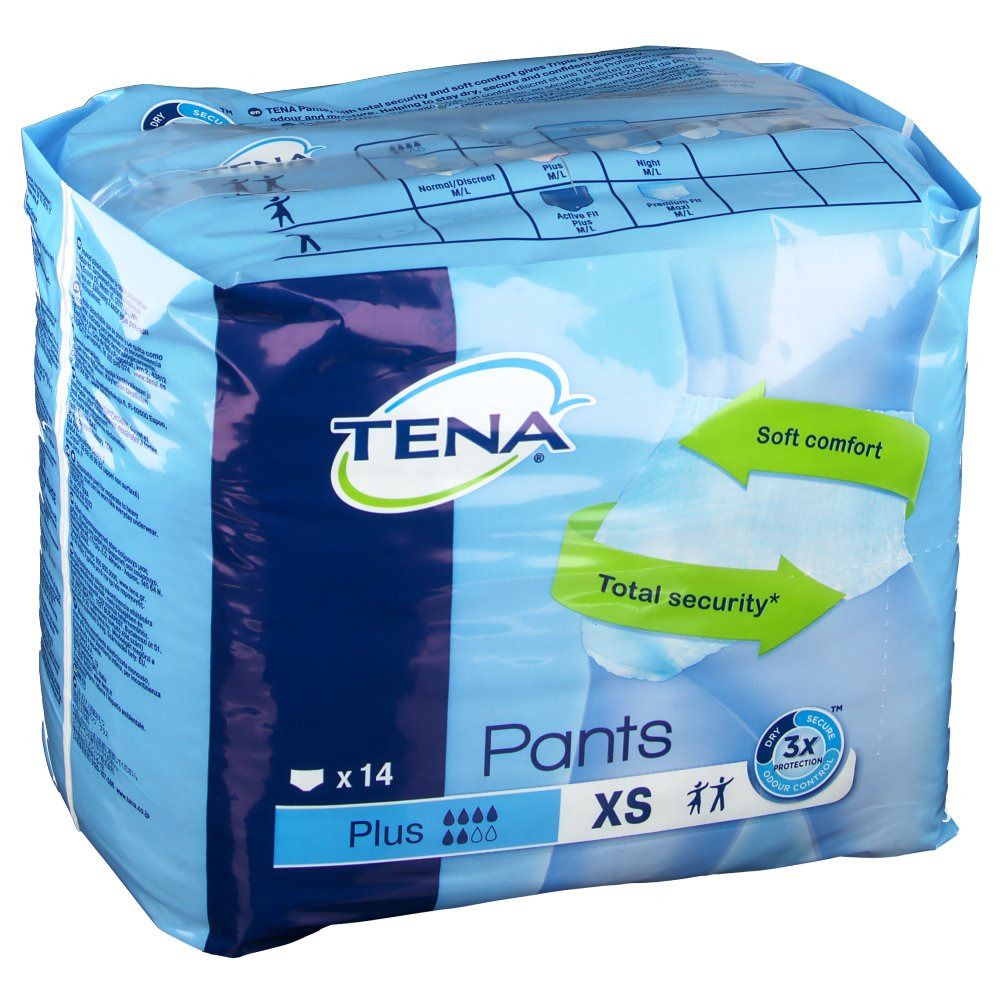 Verpakking TENA Pants Plus XS. Blauwe folie met productnaam, logo en pictogrammen. 14 stuks.
