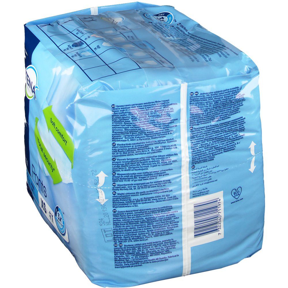 Achterkant van de verpakking TENA Pants Plus XS. Blauwe folie met productinformatie en barcode.