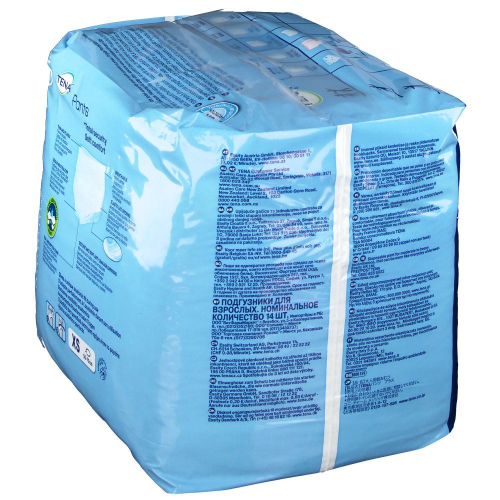 Achteraanzicht van de verpakking TENA Pants Plus XS. Blauwe folie met productinformatie en tekst.