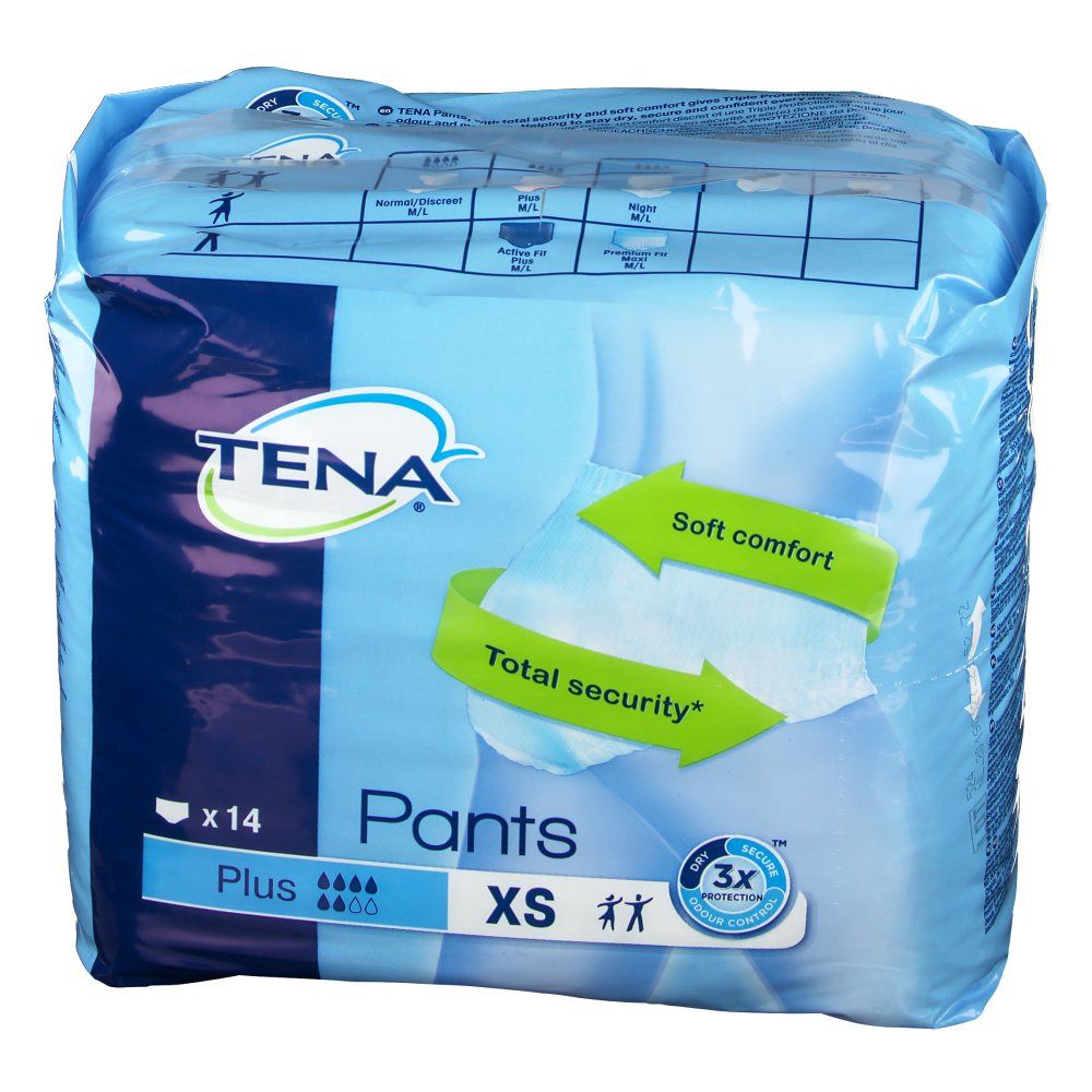 Verpakking TENA Pants Plus XS. Blauwe folie met productnaam, logo en pictogrammen. 14 stuks.