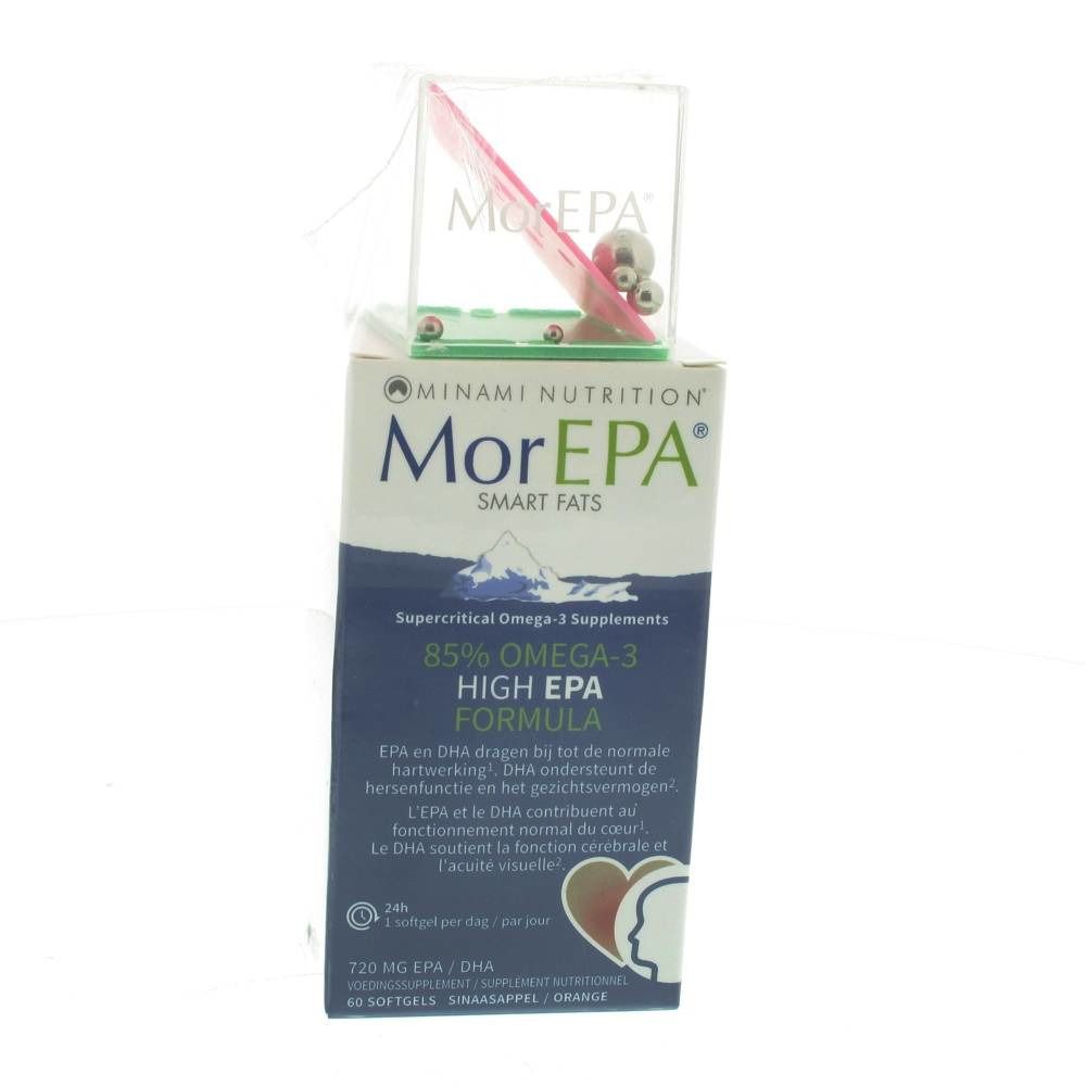 Doos MorEPA Smart Fats met 85% Omega-3. Bovenop een spel met balletjes. Meertalige tekst.