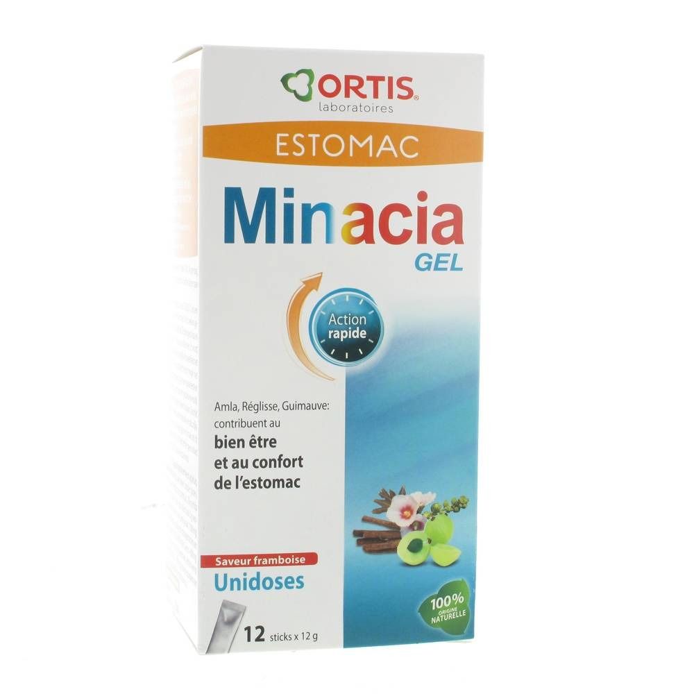 Boîte 'Minacia Gel' avec logo 'Ortis Laboratoires'. Contient 12 sticks. Saveur framboise. Ingrédients et indications.