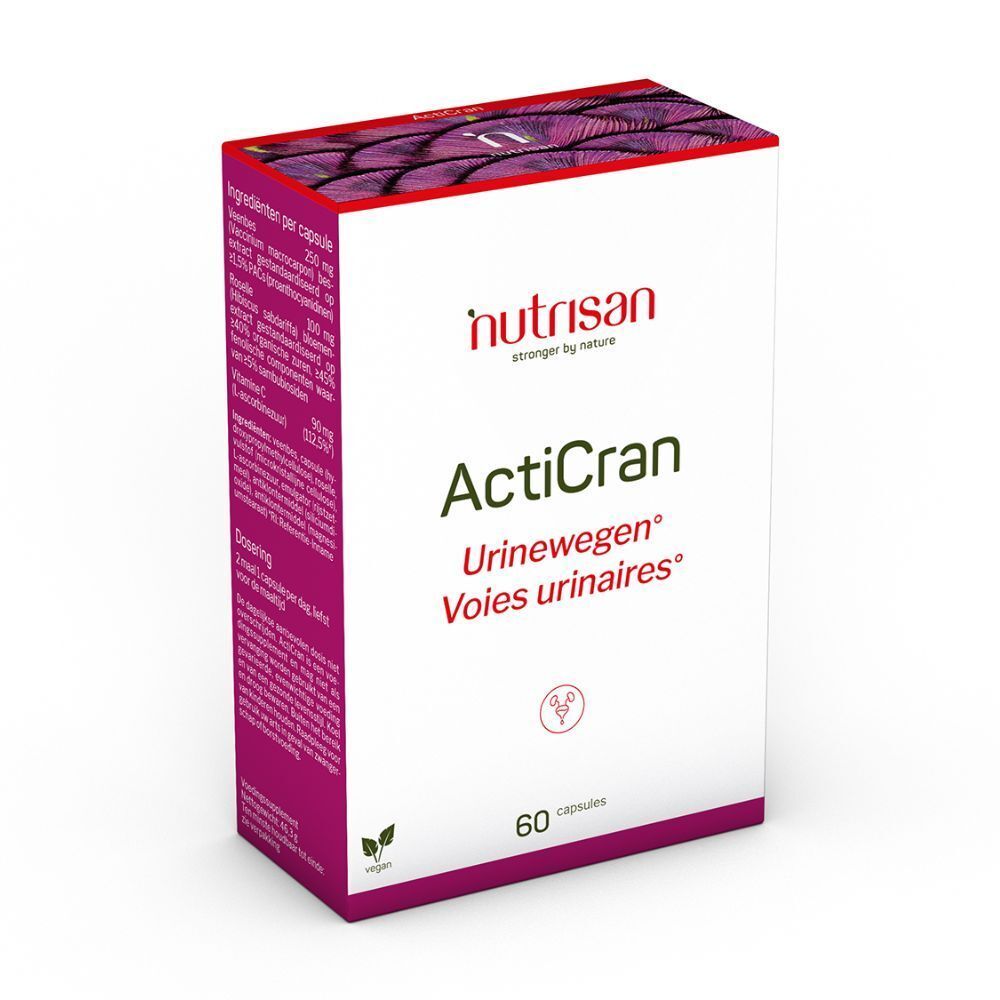 Witte doos Nutrisan ActiCran. 60 capsules. Opschrift: Urinewegen, Voies urinaires. Logo en ingrediënten zichtbaar.