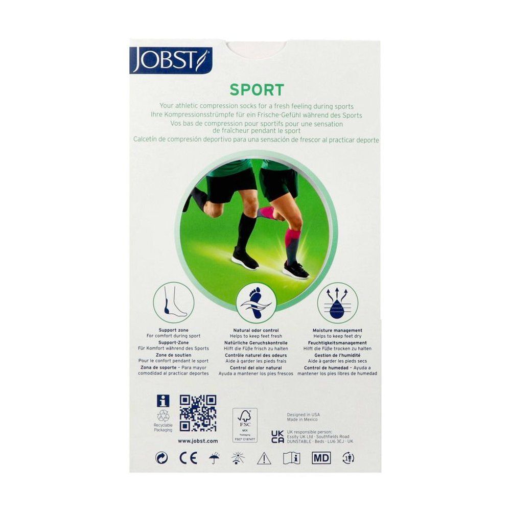 Achterkant van de verpakking. Tekst: SPORT. Illustratie van benen met kousen. Logo's en pictogrammen. Informatie over functionaliteit.