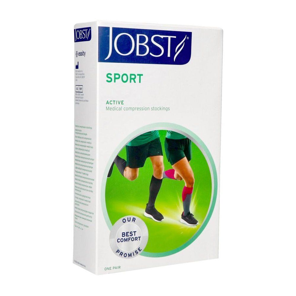 Verpakking met compressiekousen. Merk JOBST SPORT. Afbeelding van benen met kousen. Tekst: ACTIVE Medical compression stockings. Comfortbelofte.