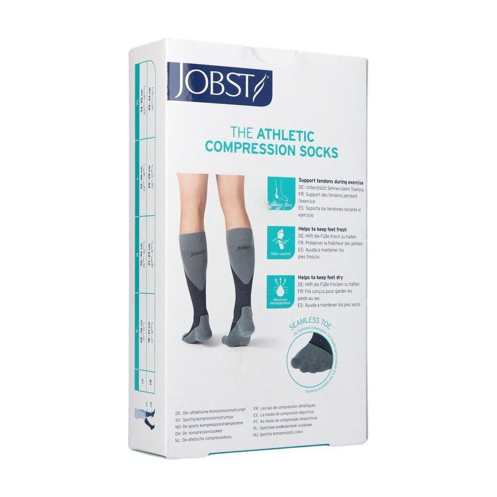 Verpakking met compressiekousen. Merk JOBST. Tekst: The Athletic Compression Socks. Afbeelding: been met sokken.