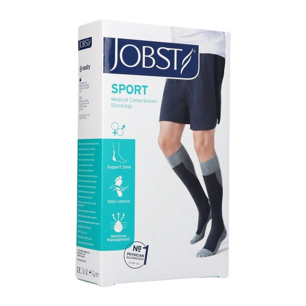 Boîte de bas de compression. Marque JOBST SPORT. Image: homme avec bas. Texte: Medical Compression Stockings.