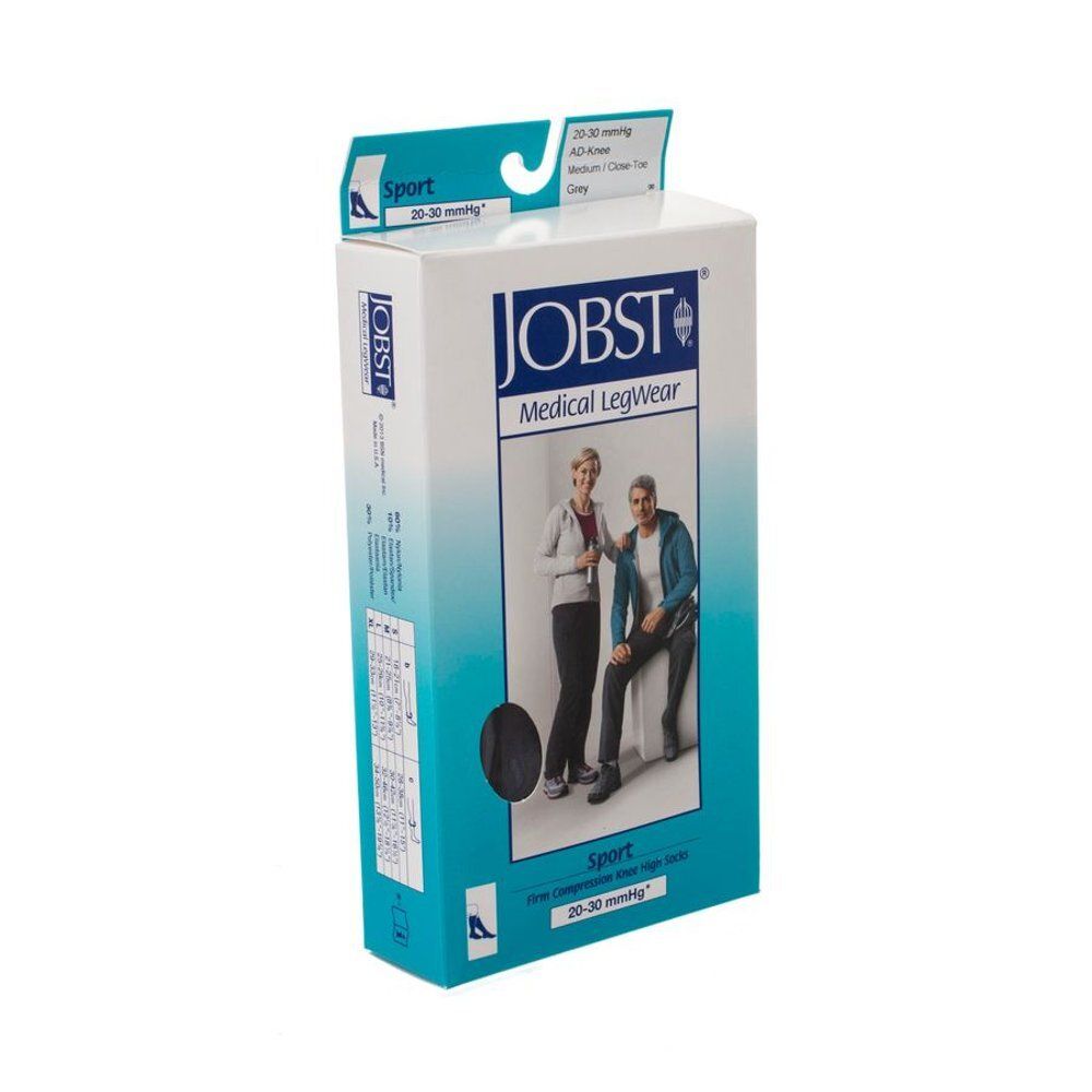 Jobst Sport 20-30 mmHg AD-Knee. Bas de compression gris. Boîte avec illustration de personnes.