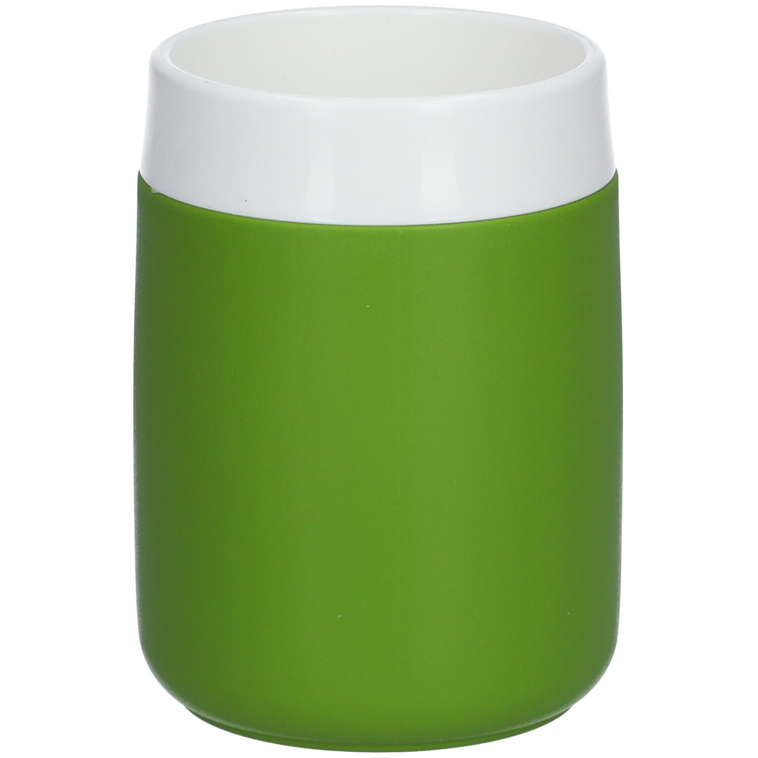 Beker, wit en groen. Cilindrische vorm, witte rand, groene body. Zonder handvat.