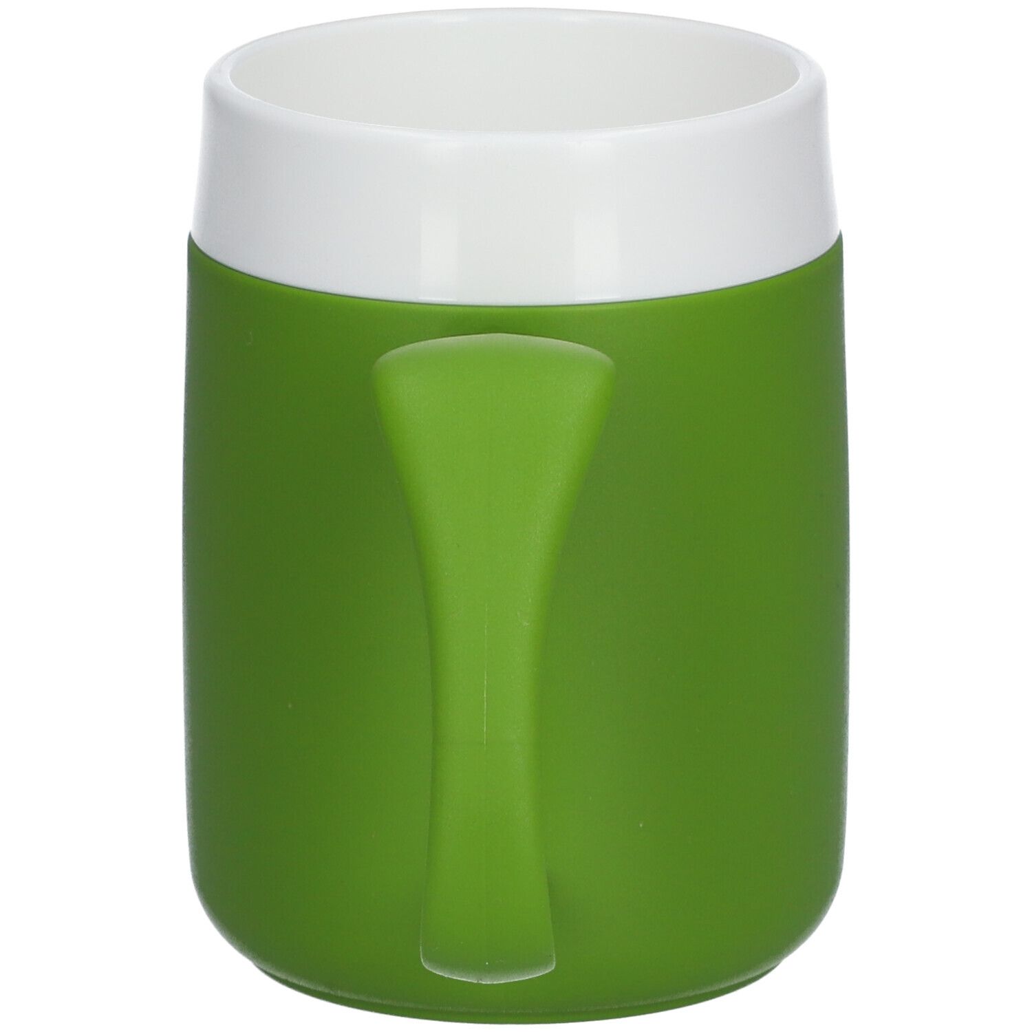 Beker, wit en groen. Cilindrische vorm, witte rand, groene body. Met groen handvat.