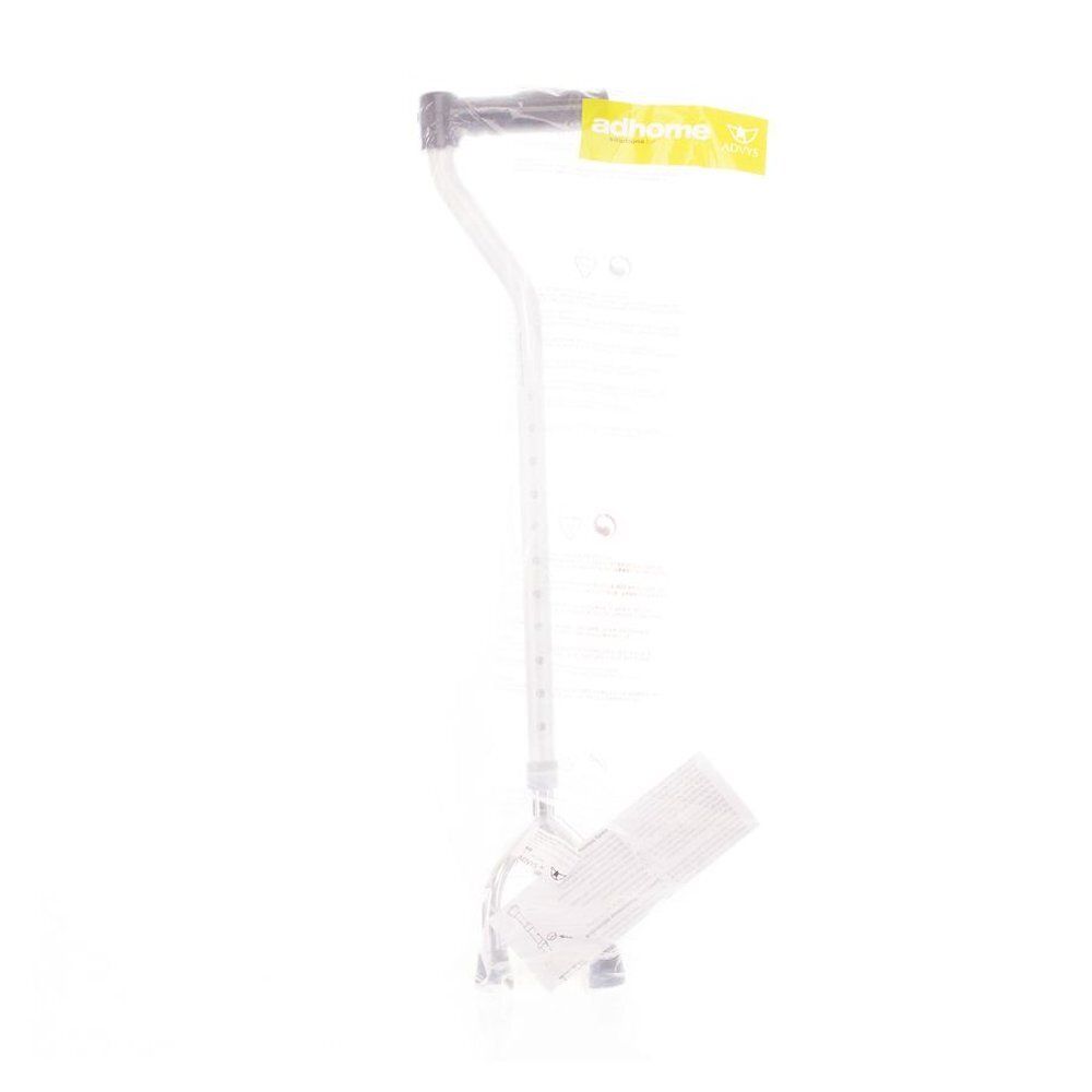 Wandelstok met gebogen handvat en gele tag. De stok is in hoogte verstelbaar.