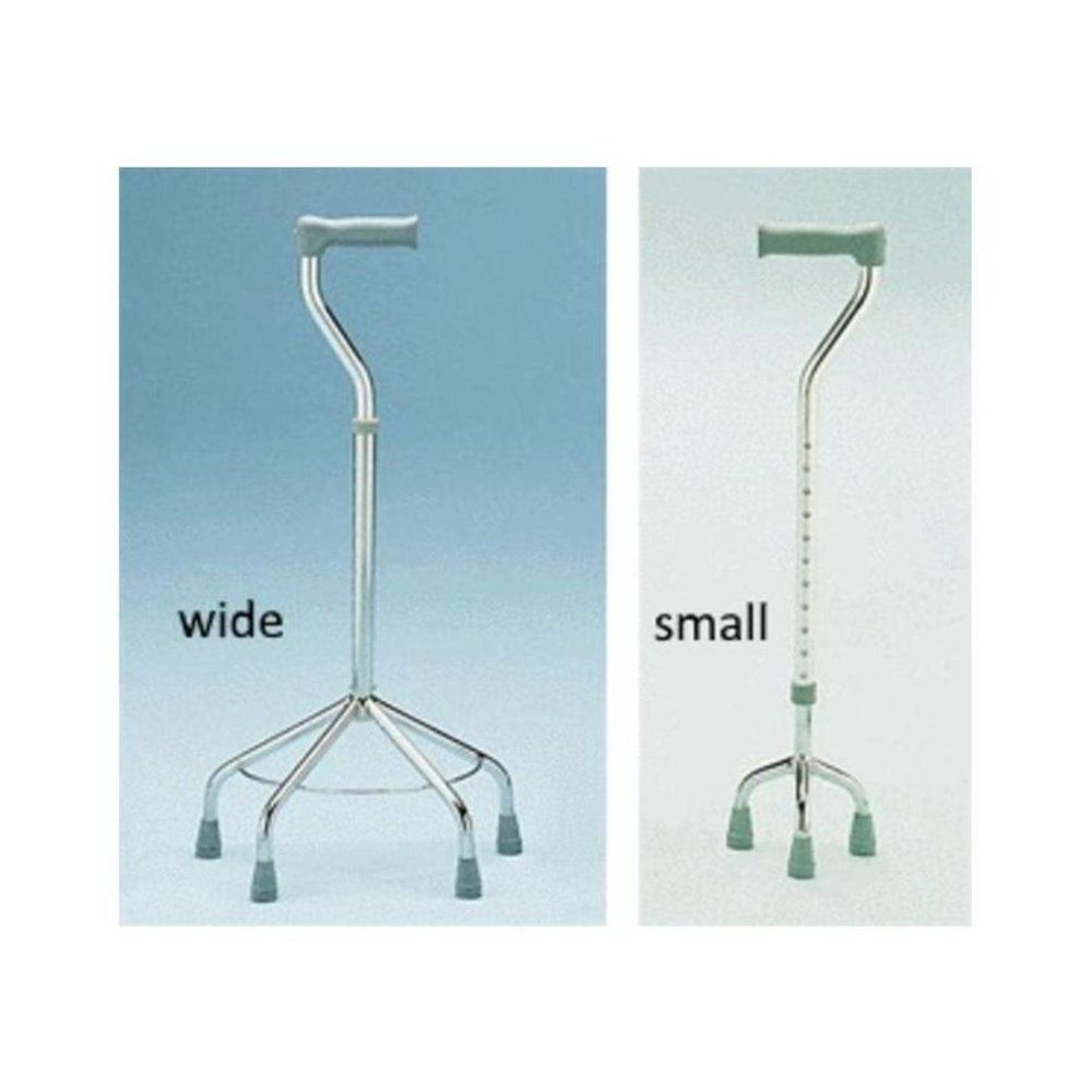 Twee wandelstokken, één breed, één smal. Beide hebben een driepootvoet en een gebogen handvat.