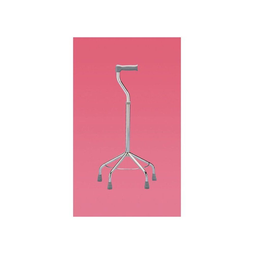 Wandelstok met brede basis. Vierpotige wandelstok op roze achtergrond. Metaal, grijze handgreep en rubberen voetjes.