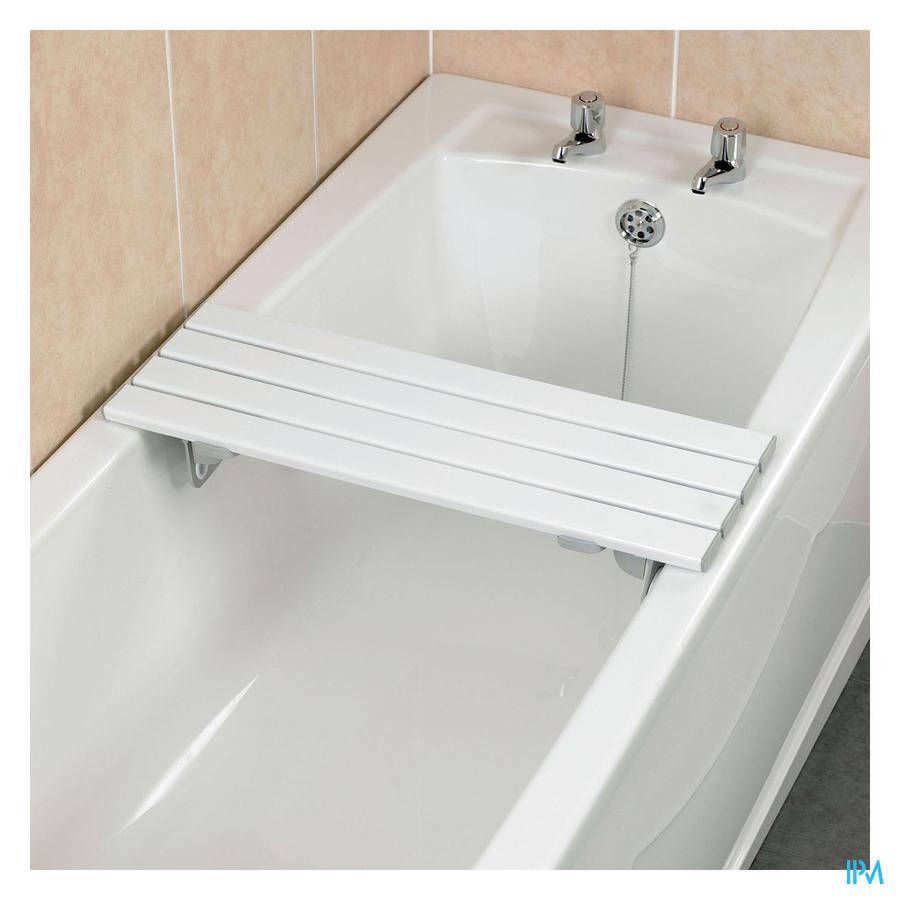 Plateau de baignoire blanc à lattes. Repose sur les bords de la baignoire. Supports visibles.