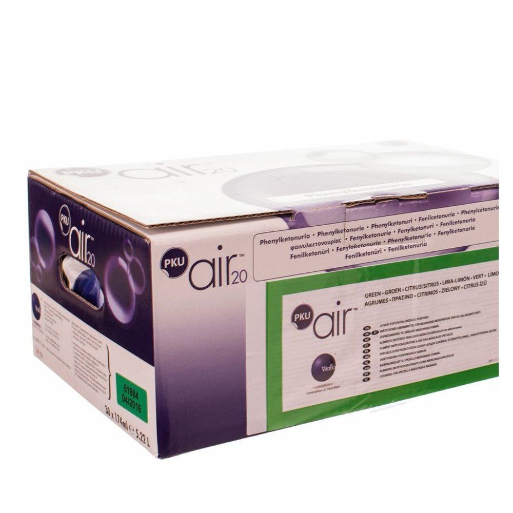 Kartonnen verpakking van PKU air 20. Opschrift: Fenylketonurie. Groene citrus smaak. Zichtbare logo's en productnamen.