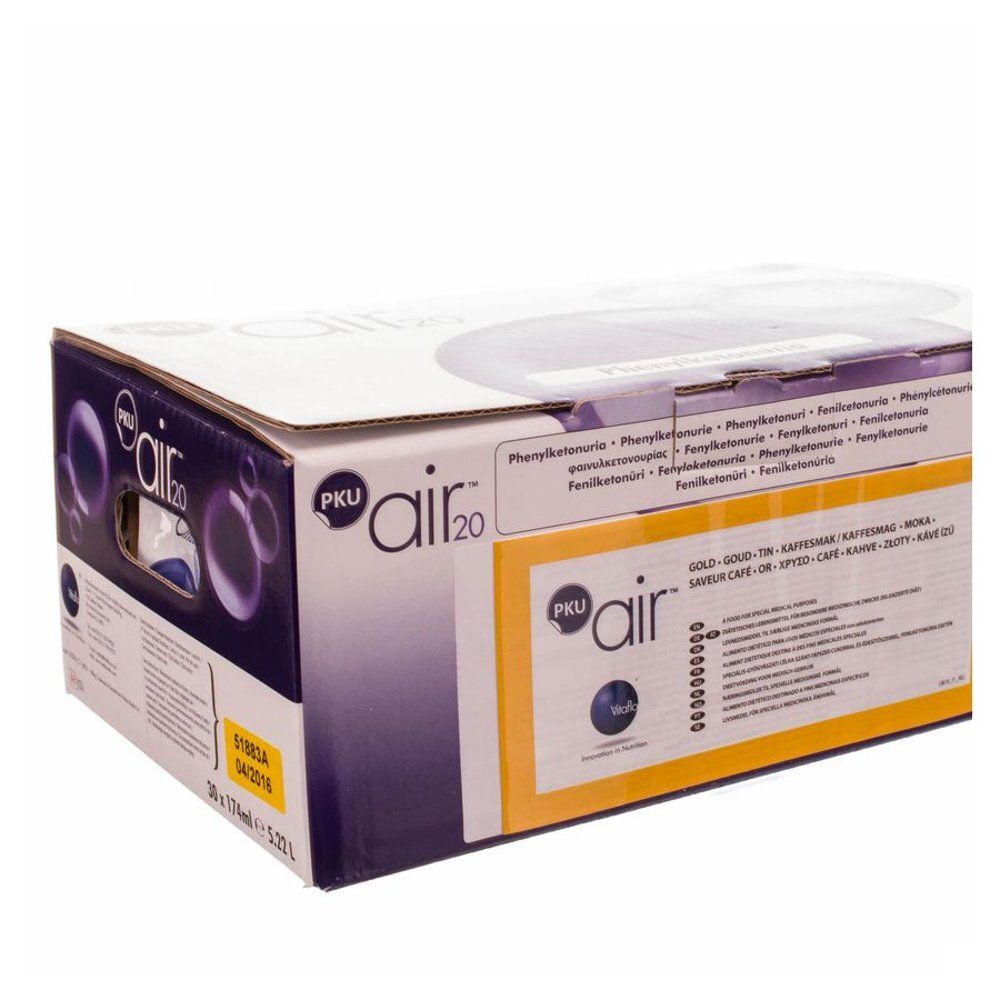 Emballage en carton PKU air 20. Inscriptions : PKU air 20, Gold, Phénylcétonurie. Informations et logos du produit visibles.