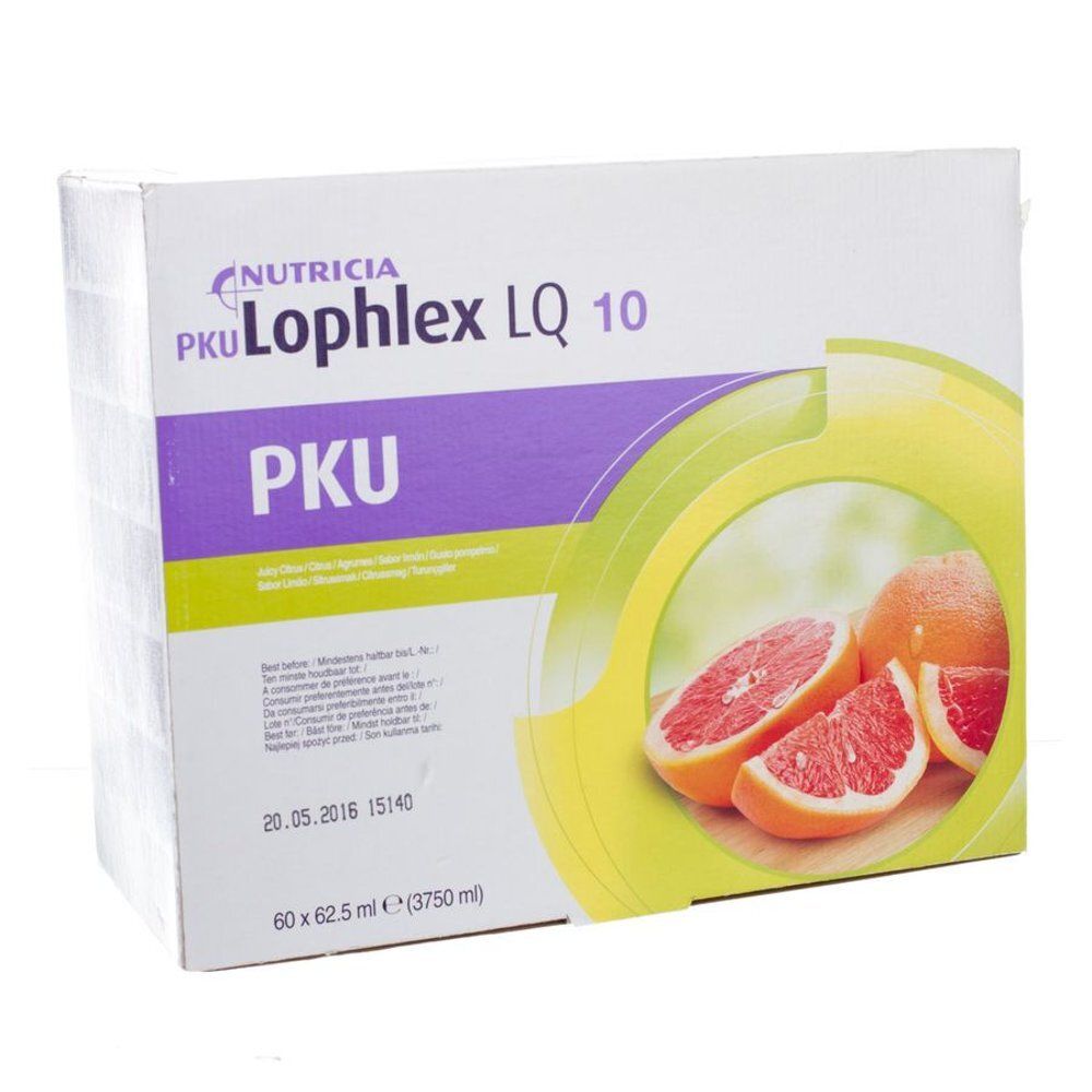 Kartonnen verpakking met productnaam PKU Lophlex LQ 10. Illustratie van grapefruitpartjes. Opschriften: Nutricia, PKU.