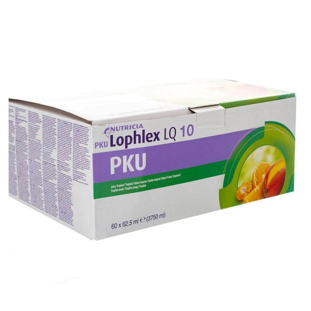 Boîte en carton avec impression du produit. Inscription : PKU Lophlex LQ 10, Nutricia. Illustration de fruits. Contient 60 x 62,5 ml.