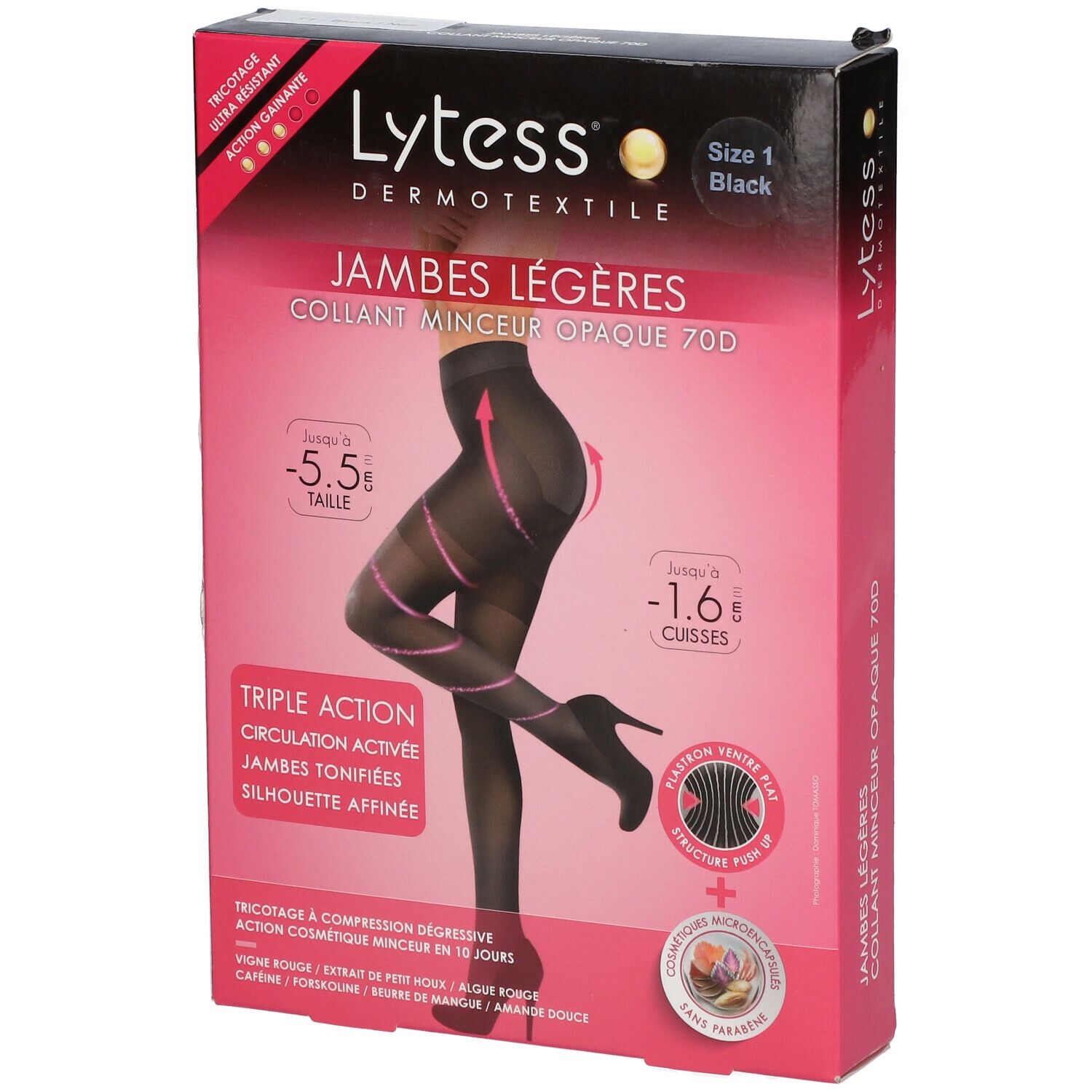 Zwarte panty in doos. Merk Lytess, maat 1. Opschrift: Jambes Légères, Collant Minceur Opaque 70D. Triple action.