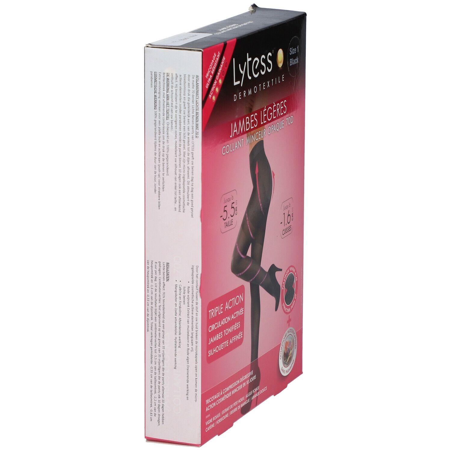 Verpakking van de Lytess panty. Zijkant met tekst en productinformatie. Jambes Légères, Collant Minceur Opaque 70D.