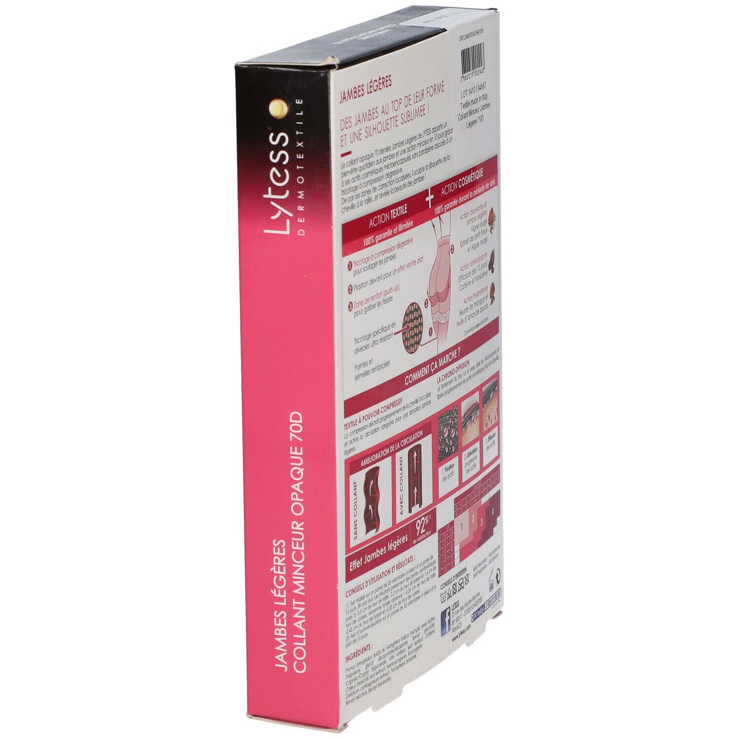 Verpakking van de Lytess panty. Achterkant met productinformatie. Jambes Légères, Collant Minceur Opaque 70D.