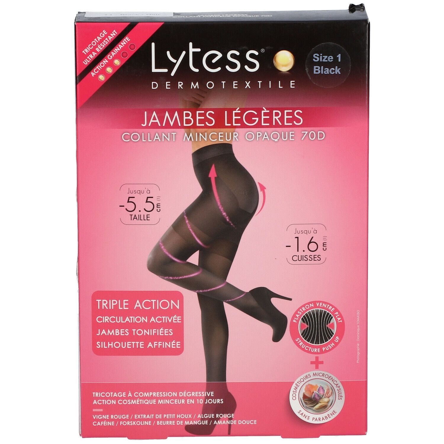 Zwarte panty in doos. Merk Lytess, maat 1. Opschrift: Jambes Légères, Collant Minceur Opaque 70D. Triple action.