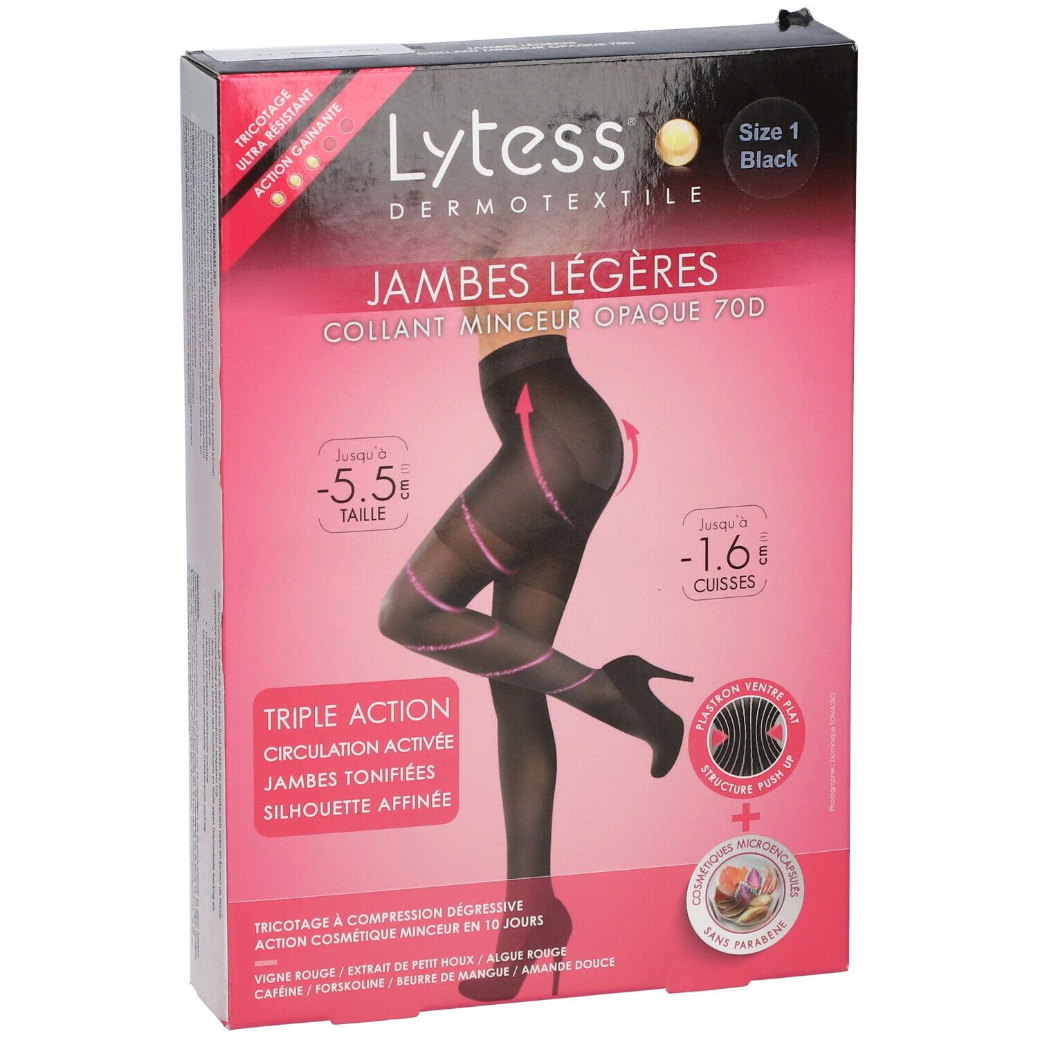 Zwarte panty in doos. Merk Lytess, maat 1. Opschrift: Jambes Légères, Collant Minceur Opaque 70D. Triple action.