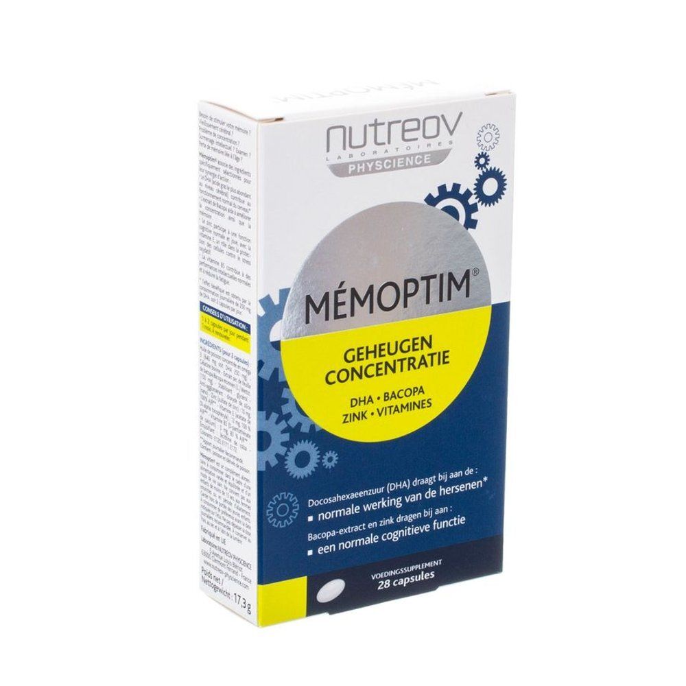 Witte doos Memoptim met logo en tekst. Bevat 28 capsules. Merk Nutreov Physcience.