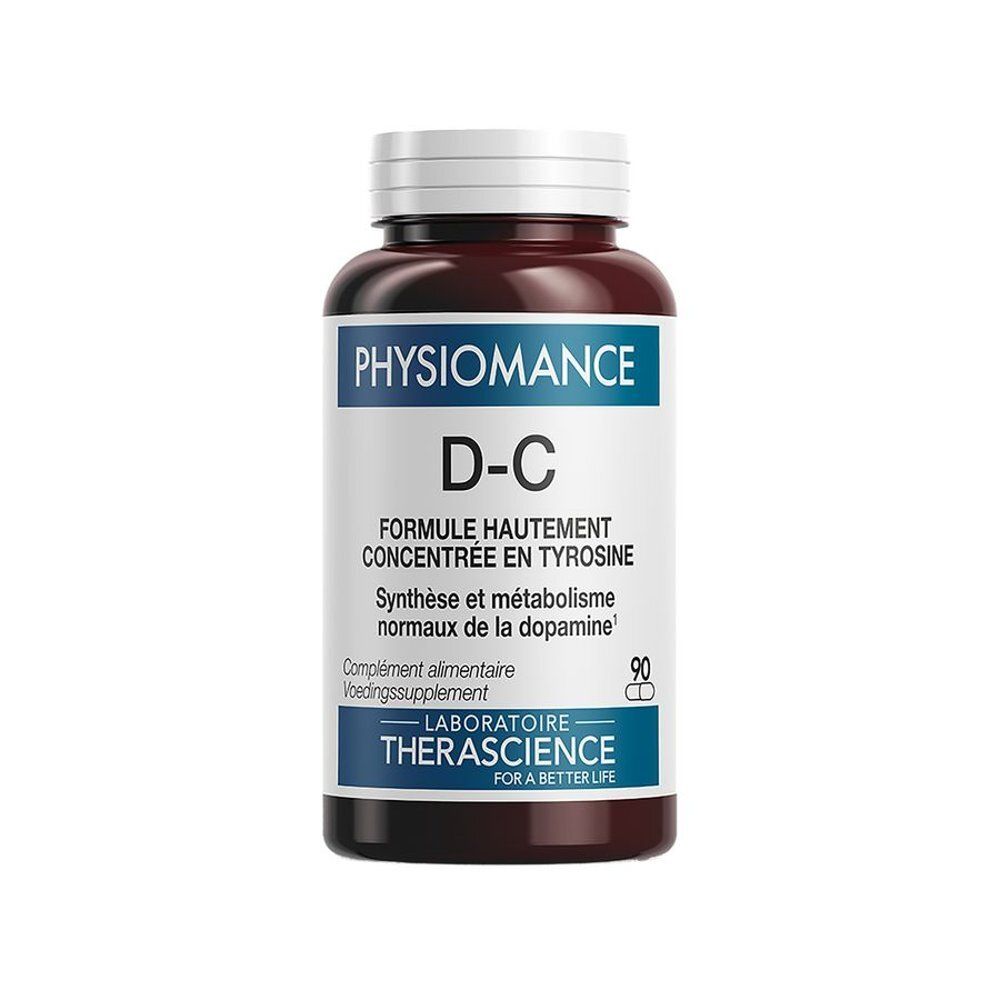 Bruine fles met witte dop. Opschrift PHYSIOMANCE D-C. Bevat 90 capsules. Laboratoire Therascience.