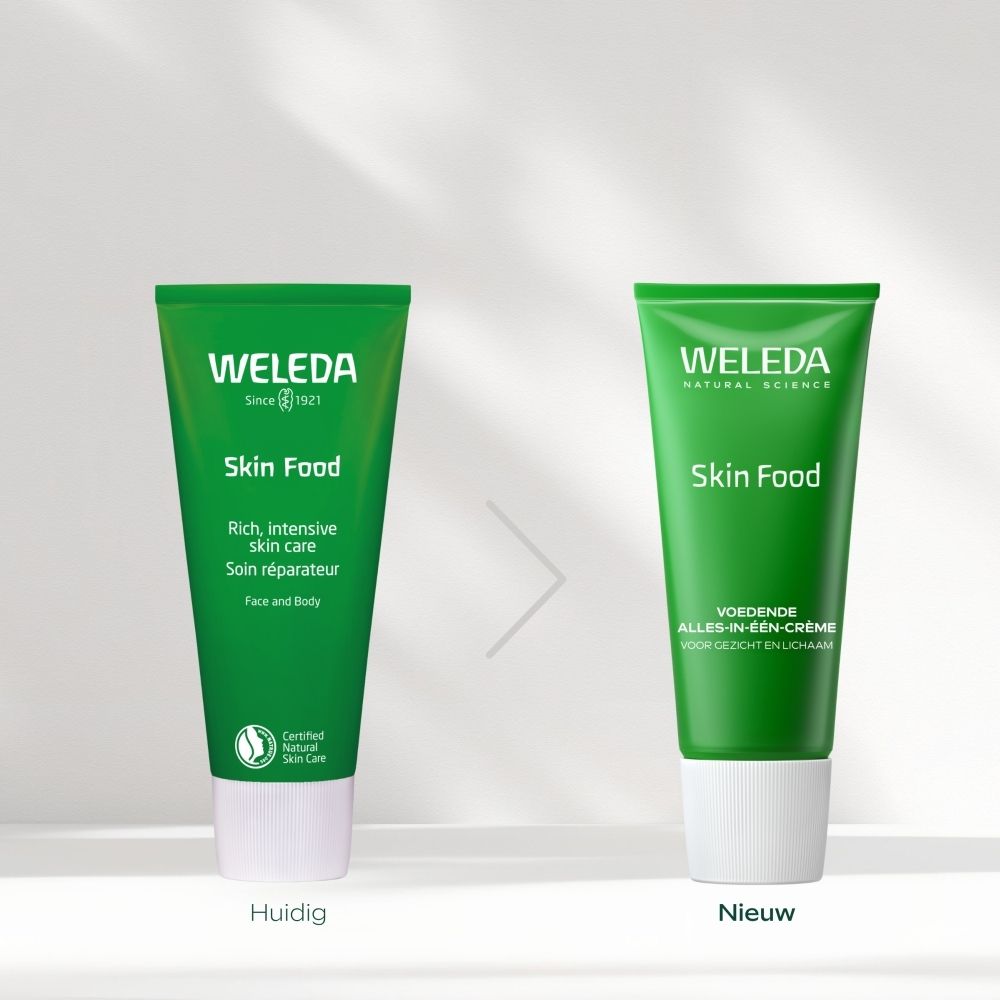 Vergelijking van twee groene Weleda Skin Food tubes. Links de huidige versie, rechts de nieuwe.