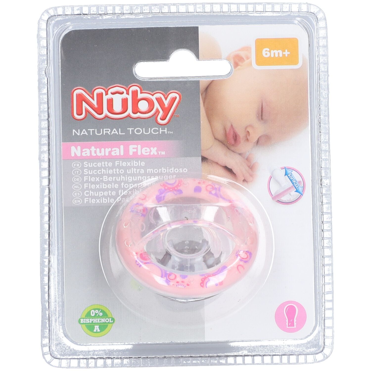 Roze fopspeen in blisterverpakking. Opschrift: Nûby Natural Touch Natural Flex. Geschikt voor baby's vanaf 6 maanden. BPA-vrij.