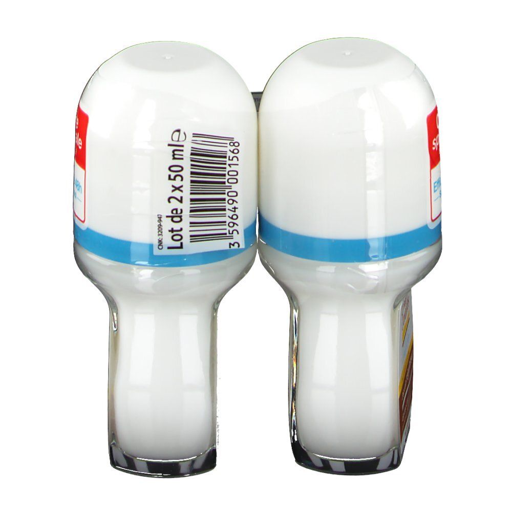 Deux déodorants roll-on côte à côte. Flacons blancs, bandes bleues. Code-barres et texte : "Lot de 2 x 50 ml".