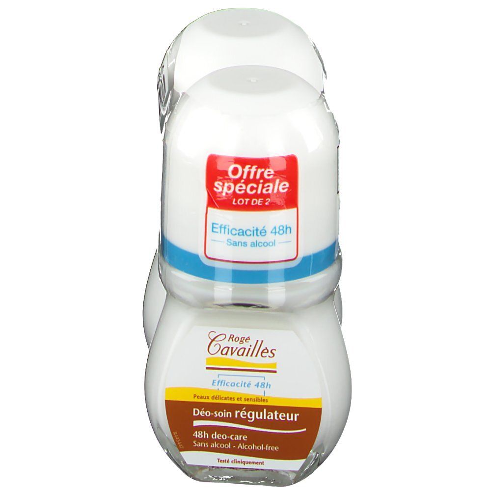 Deux déodorants roll-on en emballage. Flacons blancs, étiquettes rouges et bleues. Texte : "Offre spéciale", "LOT DE 2".