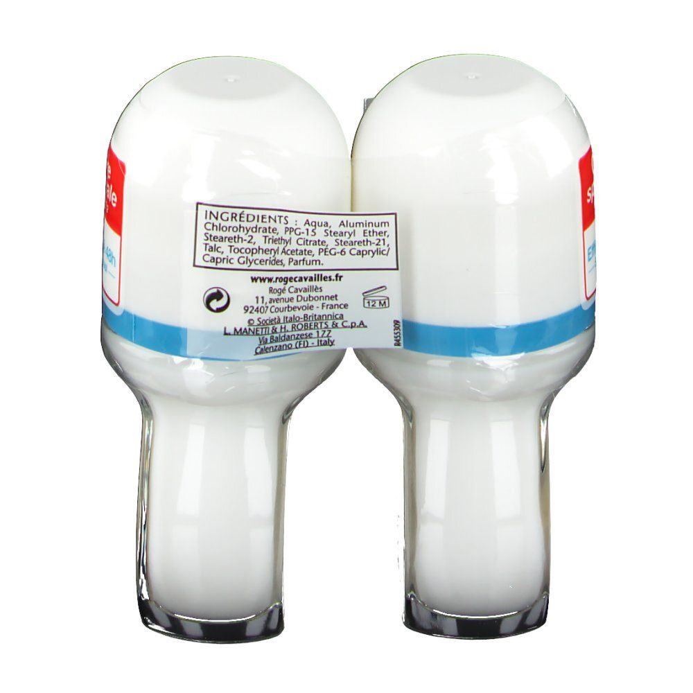 Deux déodorants roll-on en emballage. Flacons blancs, bandes bleues. Dos avec ingrédients et informations fabricant.