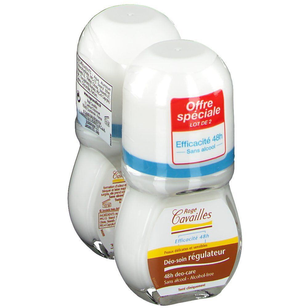 Deux déodorants roll-on en emballage. Flacons blancs, étiquettes rouges et bleues. Texte : "Offre spéciale", "LOT DE 2".