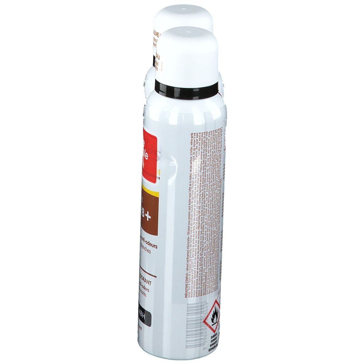 Deux déodorants en spray. Bouteilles blanches et marron, anneau noir, bouchon blanc. Texte: Déodorant Absorb+.