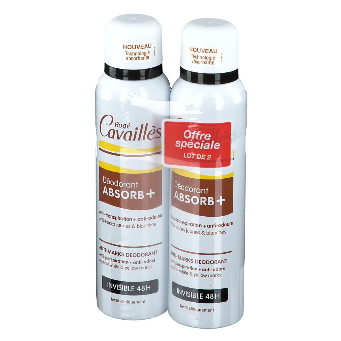 Deux déodorants sous film. Bouteilles blanches et marron, anneau noir, bouchon blanc. Texte: Rogé Cavaillès, Absorb+.