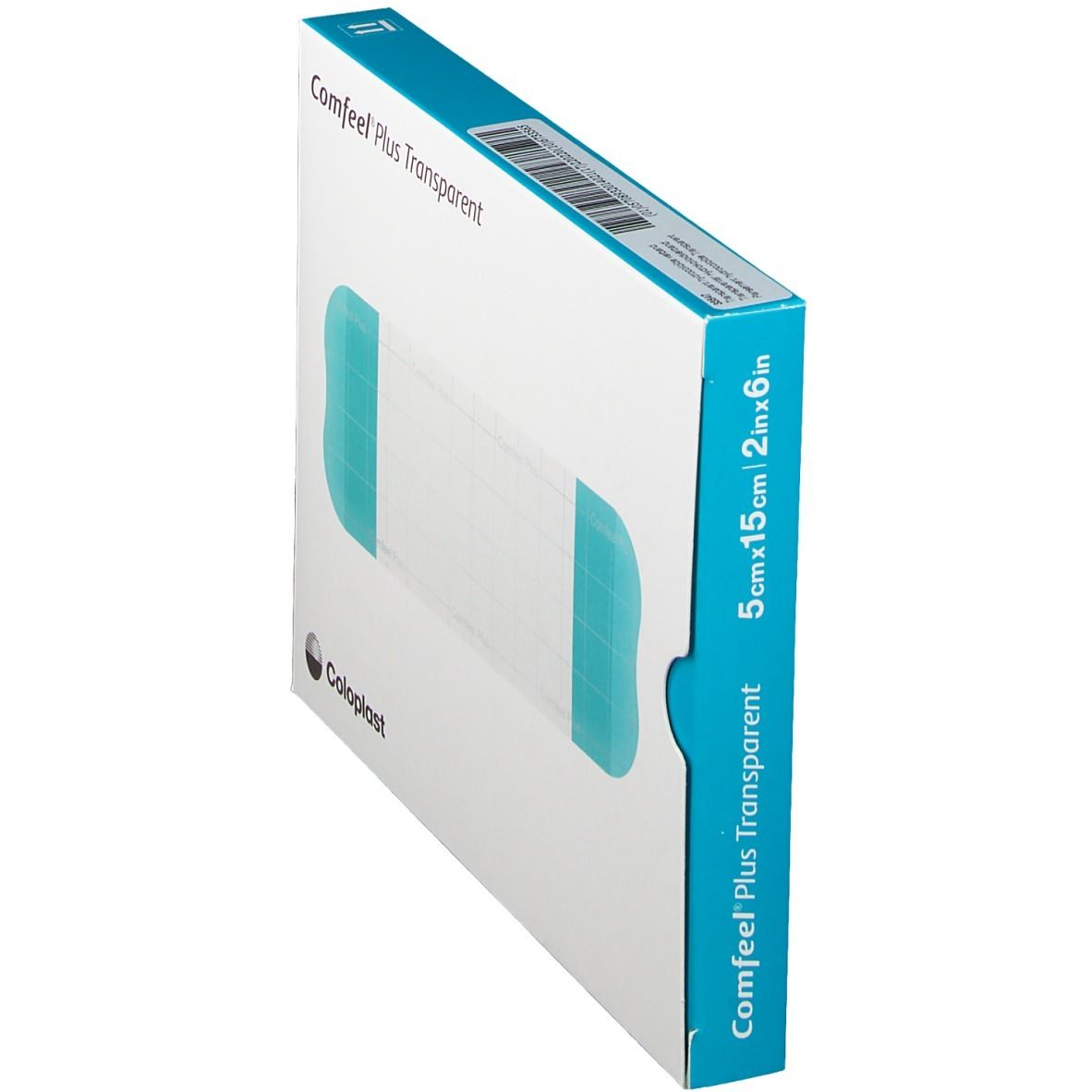 Vue latérale de la boîte Comfeel Plus Transparent. Boîte avec illustration et dimensions du produit.