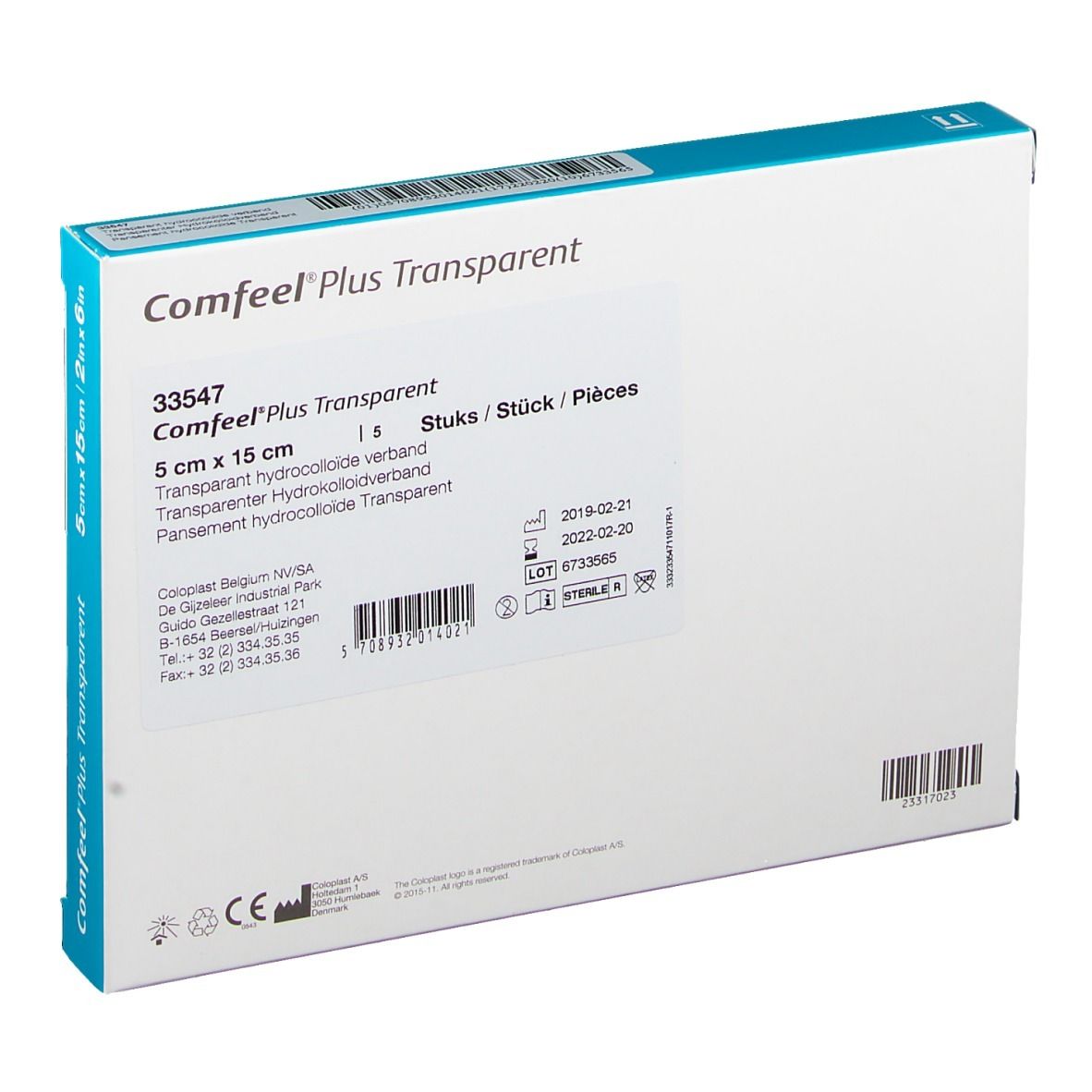 Dos de la boîte Comfeel Plus Transparent. Informations produit, dimensions, adresse du fabricant.