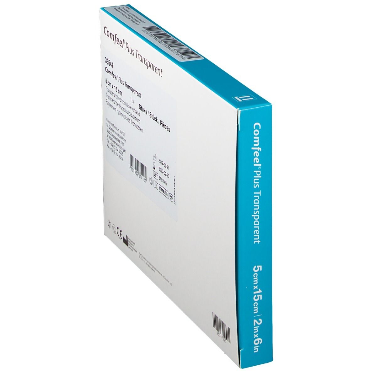 Vue latérale de la boîte Comfeel Plus Transparent. Dimensions, nom du produit, informations fabricant.