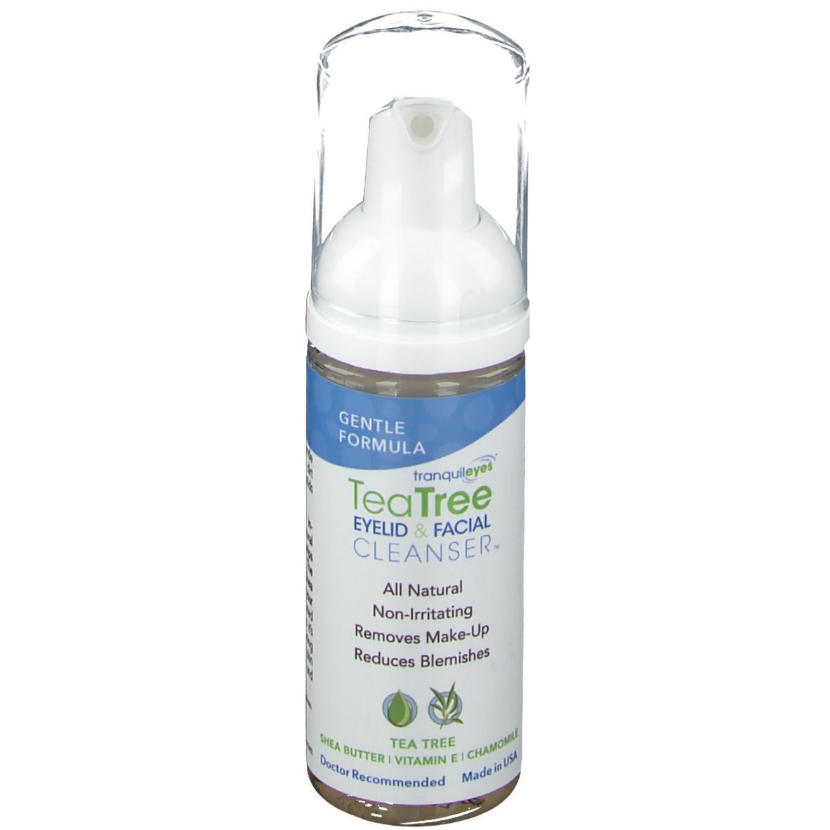 Nettoyant pour paupières et visage. Distributeur blanc avec couvercle transparent. Étiquettes bleues et blanches avec informations.