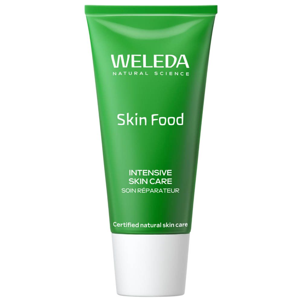 Tube verte Weleda Skin Food avec bouchon blanc. Texte en français et anglais.
