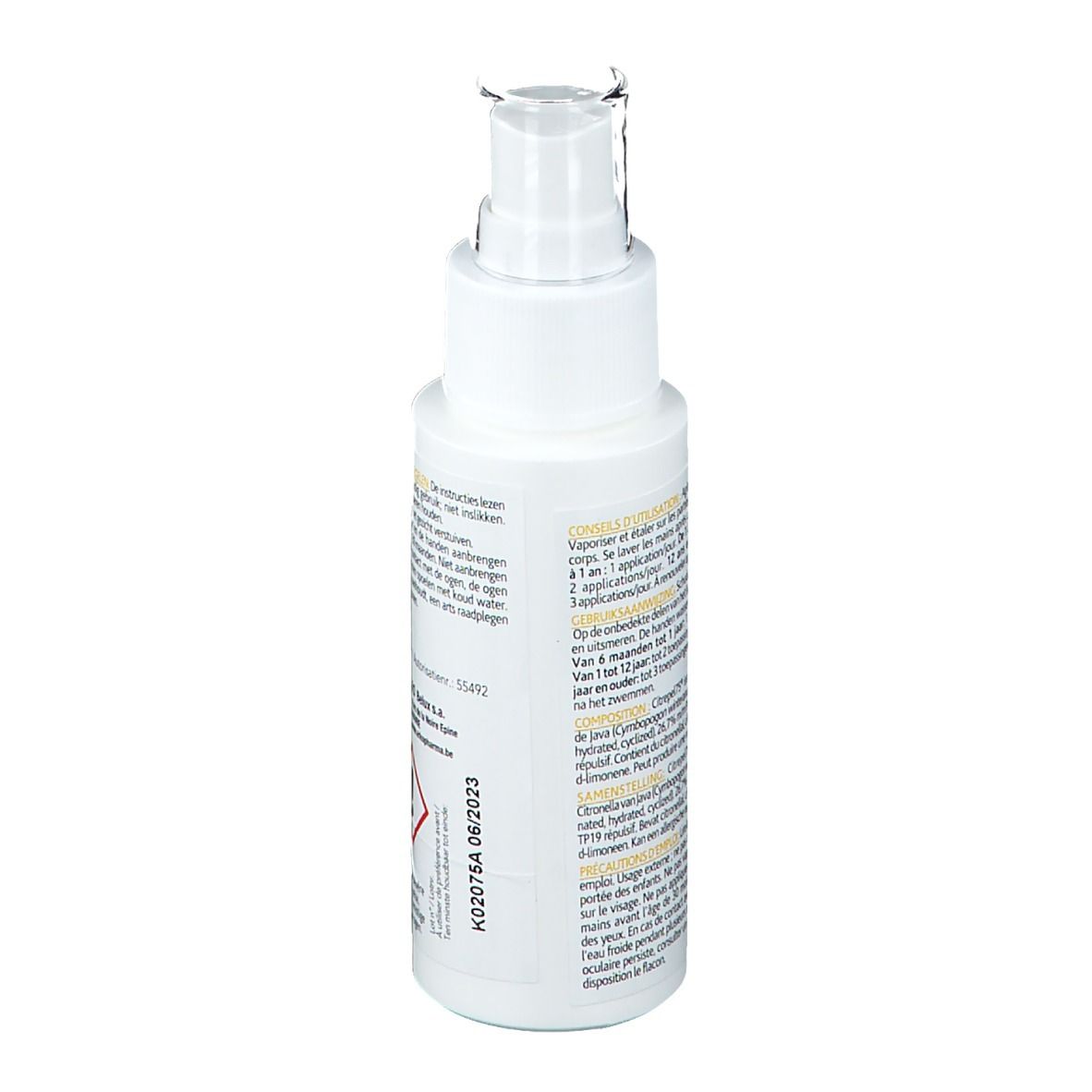 Dos du flacon spray blanc. Texte: Instructions d'utilisation, avertissements, ingrédients, numéro de lot, date de péremption.