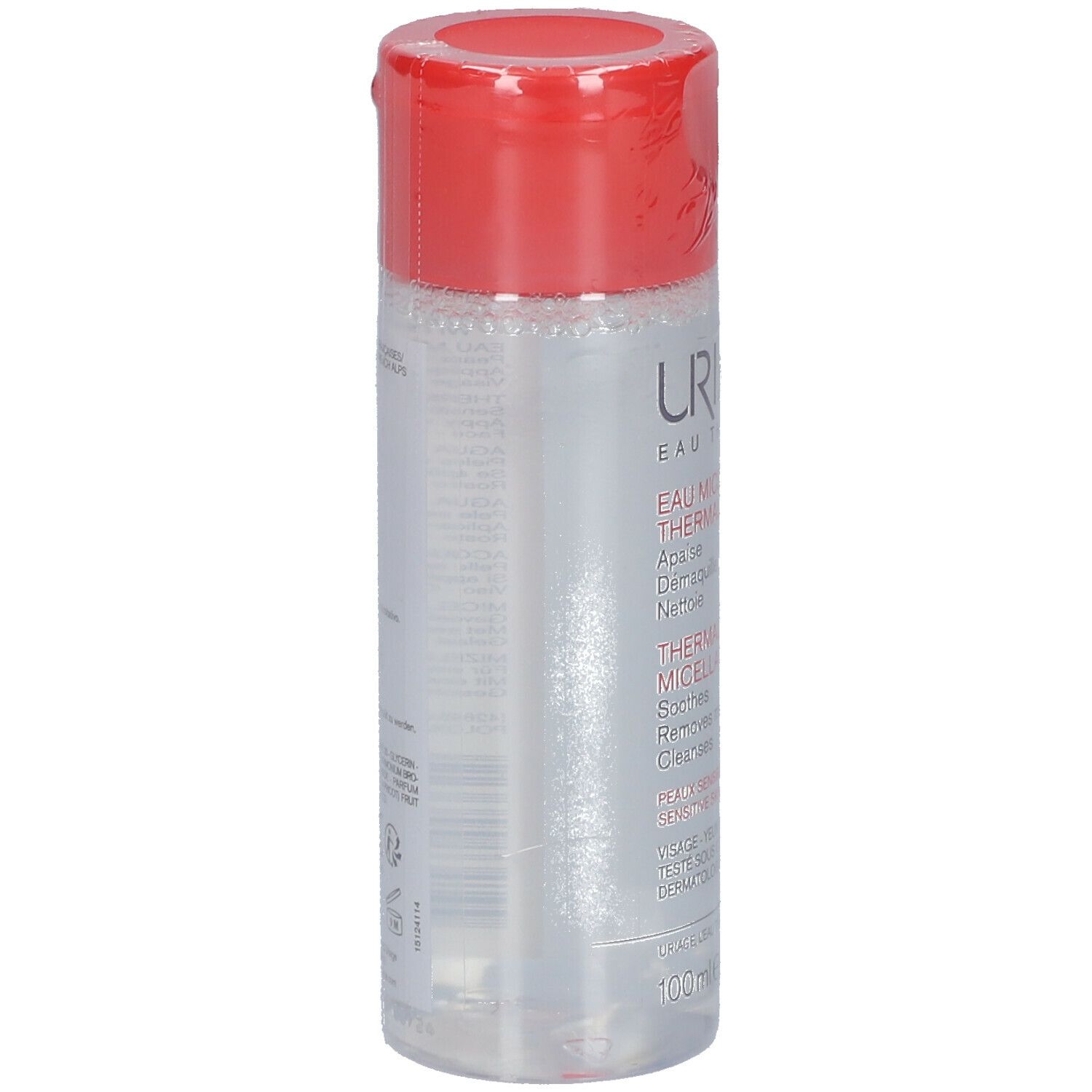 Uriage Micellair Thermisch Water. Transparante fles met rode dop. Productnaam en tekst op etiket.
