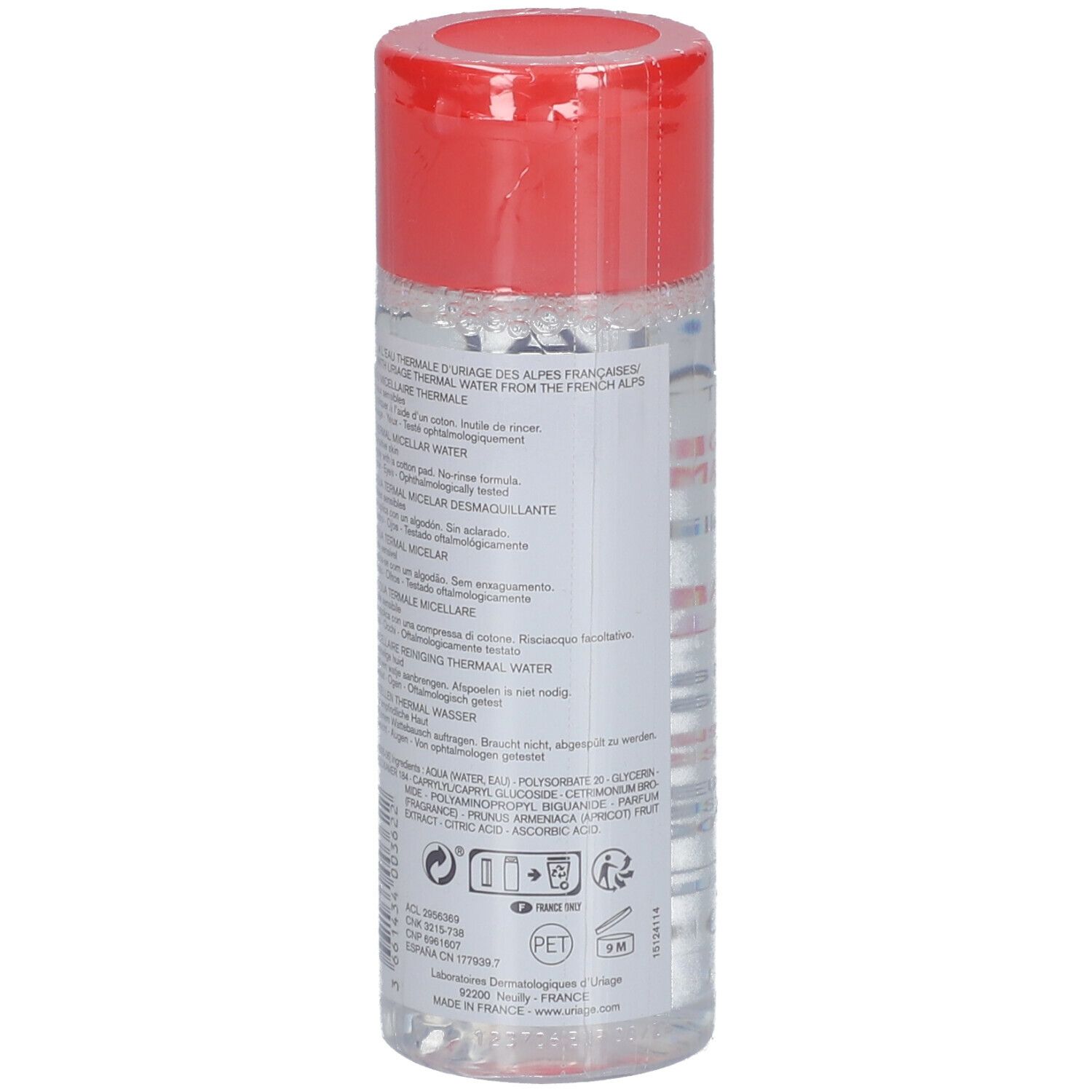 Uriage Micellair Thermisch Water. Transparante fles met rode dop. Productnaam en tekst op etiket.