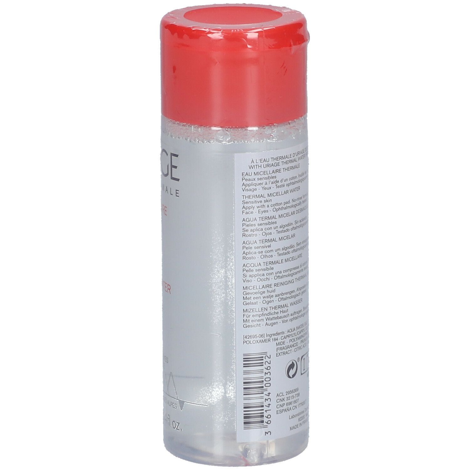 Uriage Micellair Thermisch Water. Transparante fles met rode dop. Productnaam en tekst op etiket.