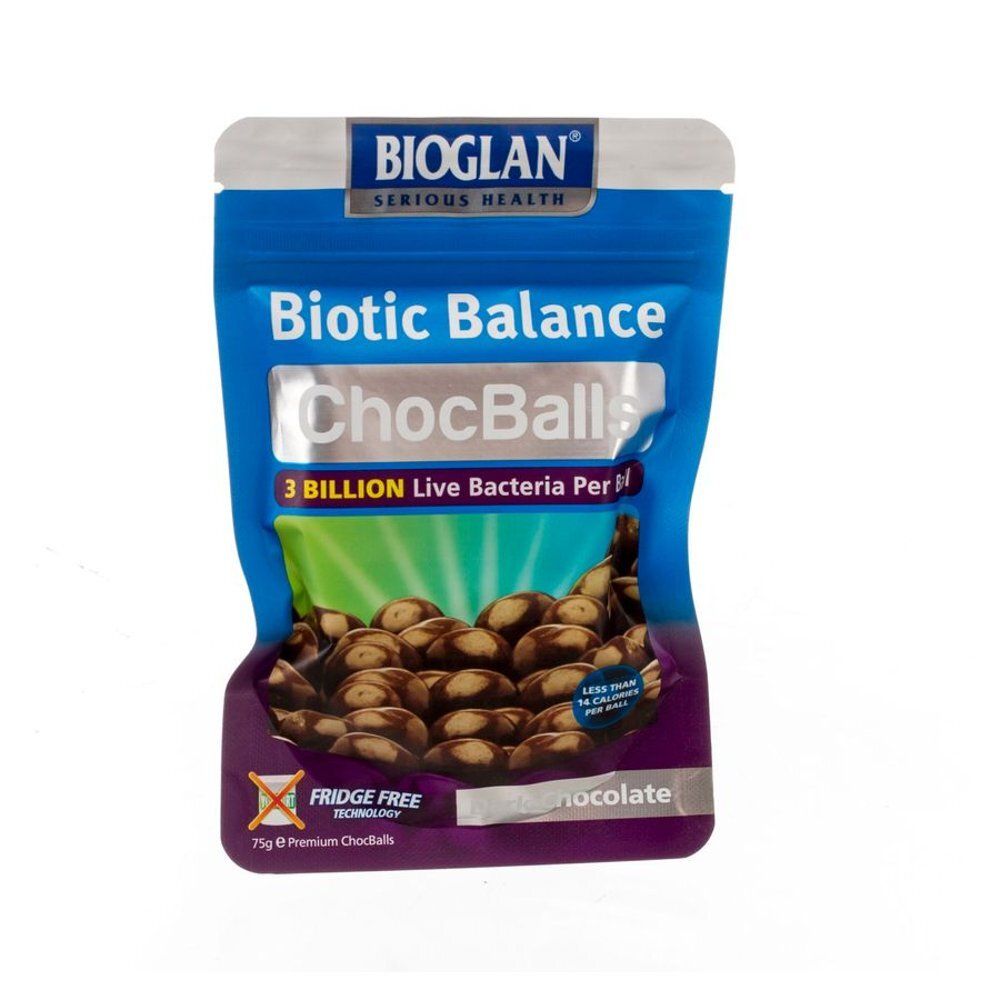 Verpakking met ChocBalls. Opschrift: Biotic Balance, ChocBalls, 3 miljard levende bacteriën per portie. Fridge Free technologie.