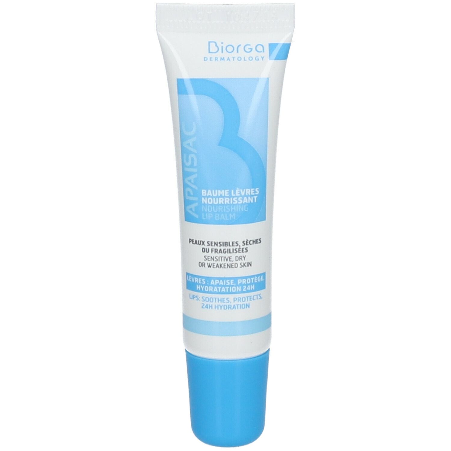 Tube de baume à lèvres. Design bleu et blanc. Texte: APAISAC, BAUME LÈVRES NOURRISSANT, PEAUX SENSIBLES. Marque: BIORGA.