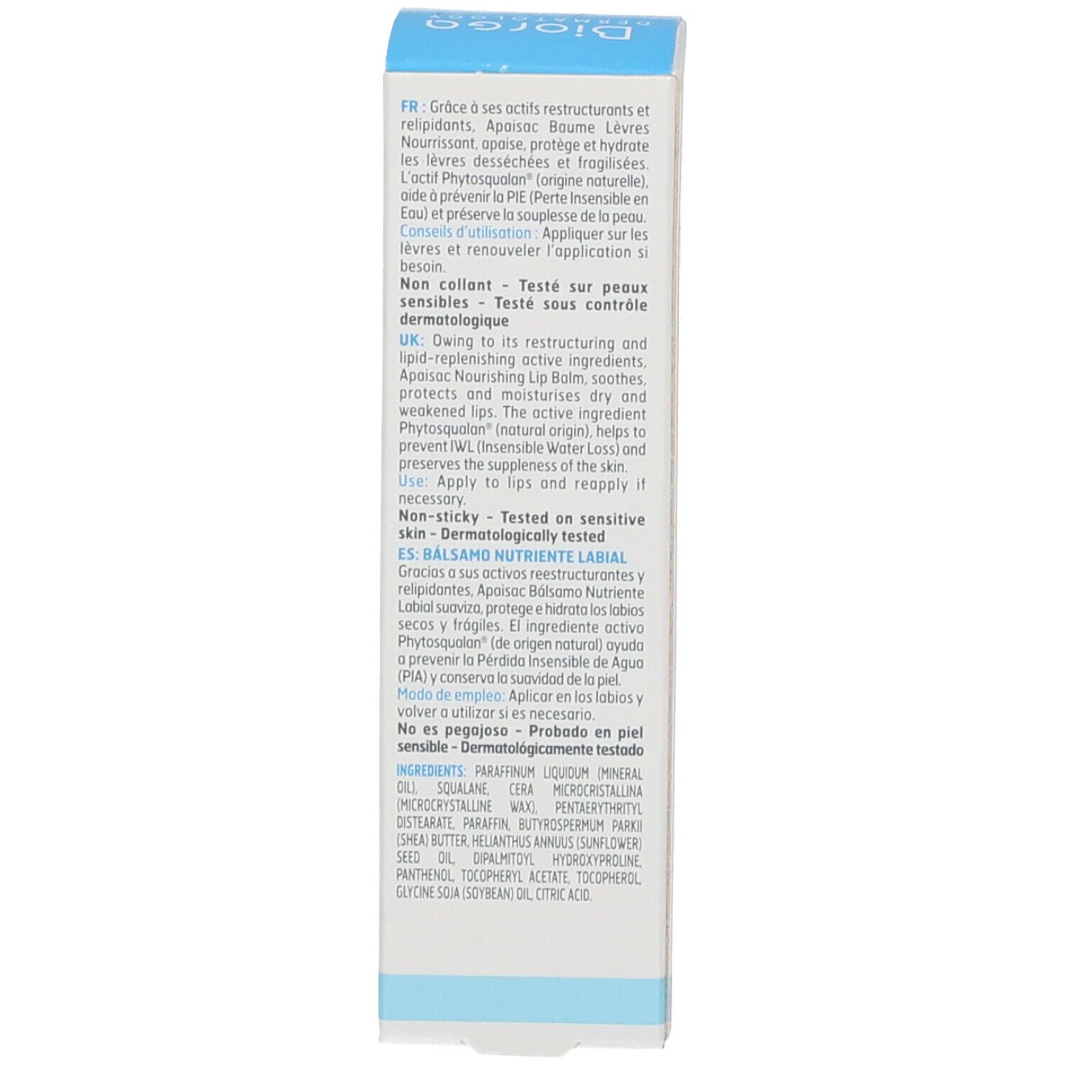 Dos de l'emballage du produit. Texte multilingue. Informations sur l'utilisation et les ingrédients. Marque: BIORGA.