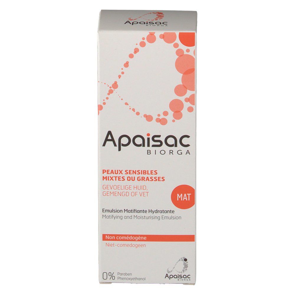 Boîte blanche Apaisac Biorga. Texte: Peaux sensibles mixtes ou grasses, Emulsion Matifiante Hydratante. Points oranges.